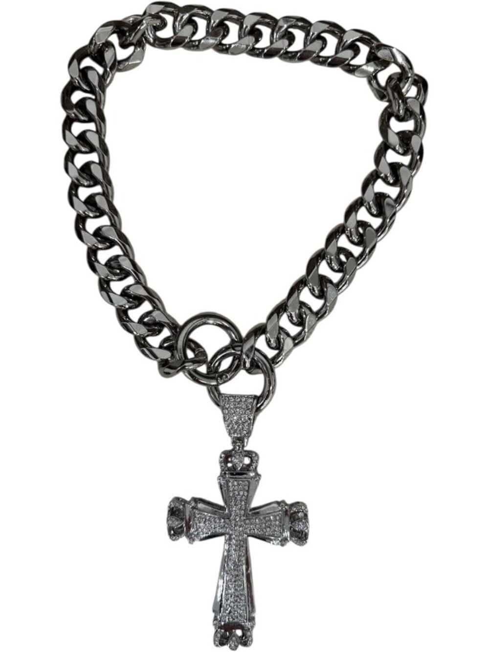 Vintage Cross Pendant Necklace, Stainless Steel Cuban Chain, Crystal Accents